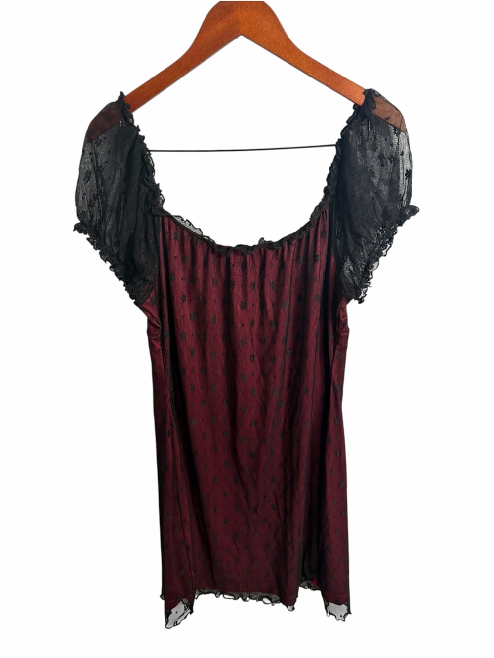 Cider Burgundy Mini Dress with Black Polka-Dot Mesh Stretch 1X - Picture 3 of 10